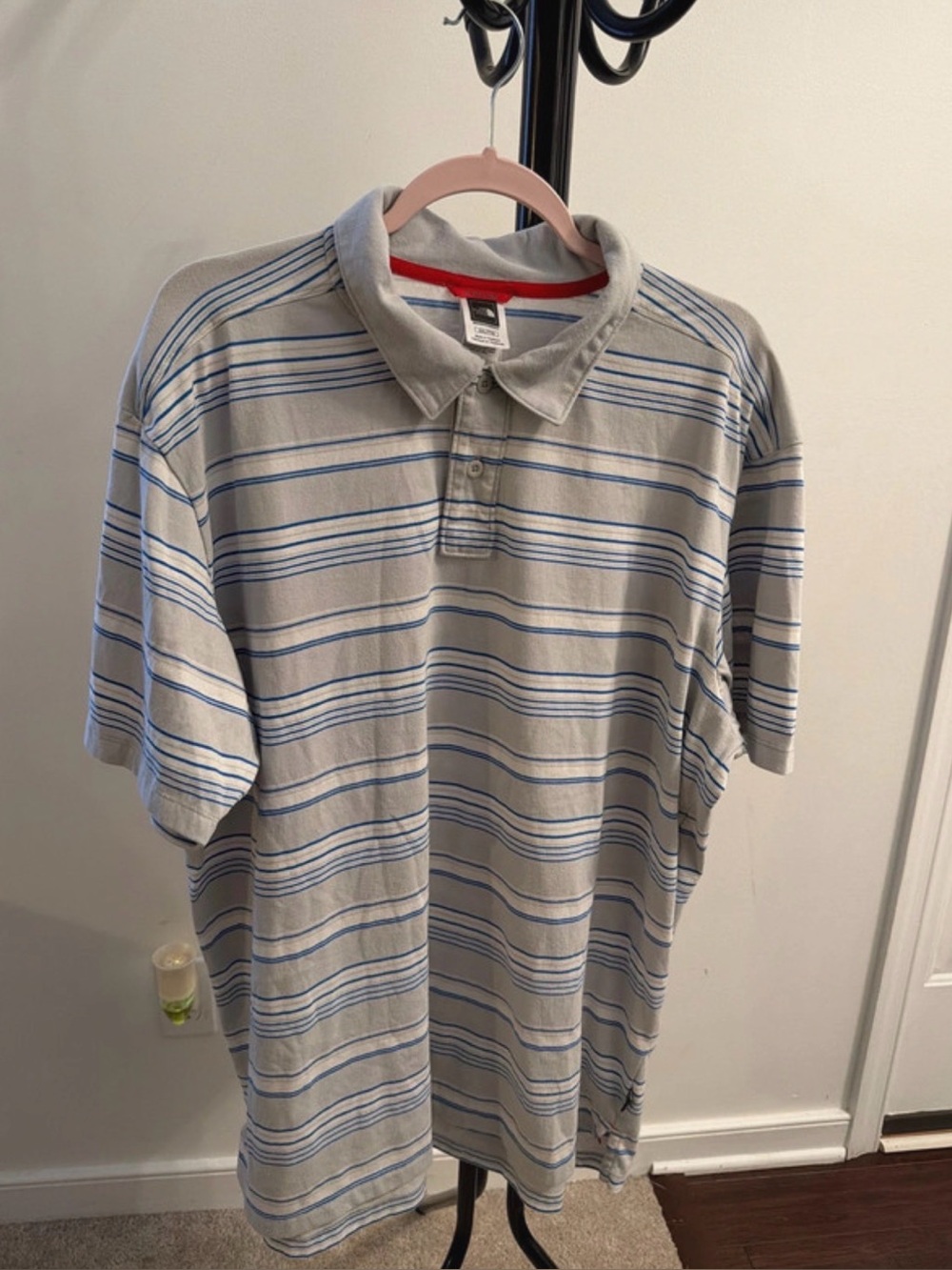 The North Face Men's Light Gray Polo with Blue Stripes